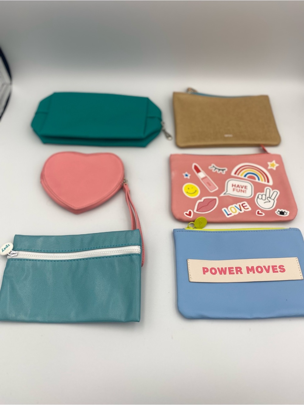 ipsy Assorted Colorful Cosmetic Pouch Set - Pink Heart & Blue 'Power Moves'